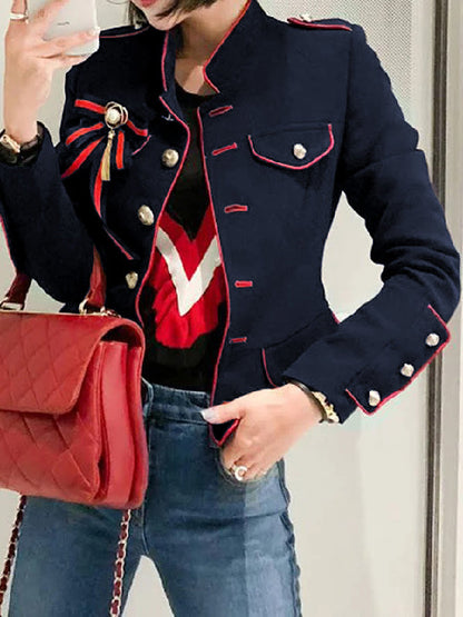 Long Sleeve Loose Button Stand Collar Cotton Blend Jacket