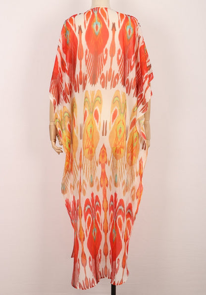 Retro Printed Bat Sleeve V-Neck Holiday Bohemian Loose Dress