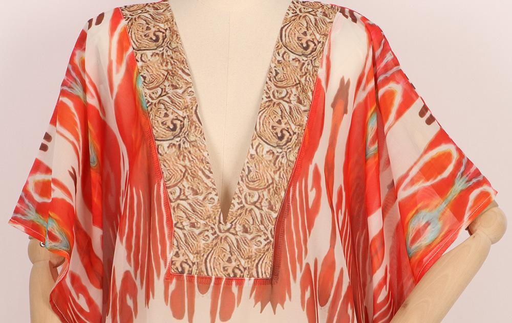 Retro Printed Bat Sleeve V-Neck Holiday Bohemian Loose Dress