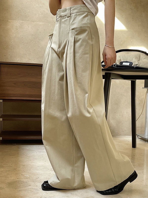 Original Loose Wide Legs Pleated Solid Color Pants
