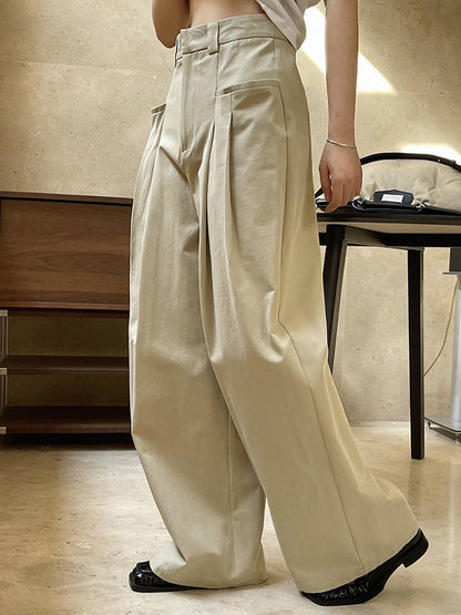 Original Loose Wide Legs Pleated Solid Color Pants