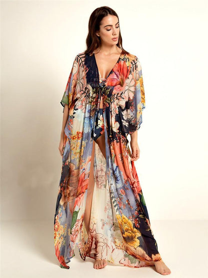 New Chiffon Big Flower Printed Loose Cover Up