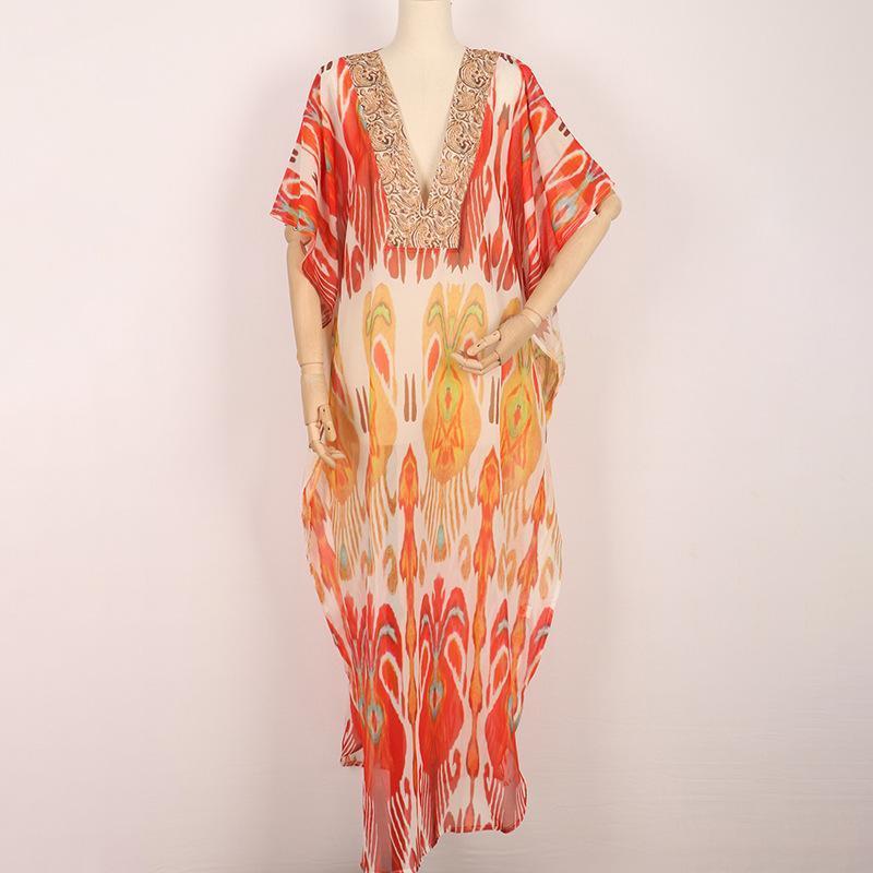 Retro Printed Bat Sleeve V-Neck Holiday Bohemian Loose Dress
