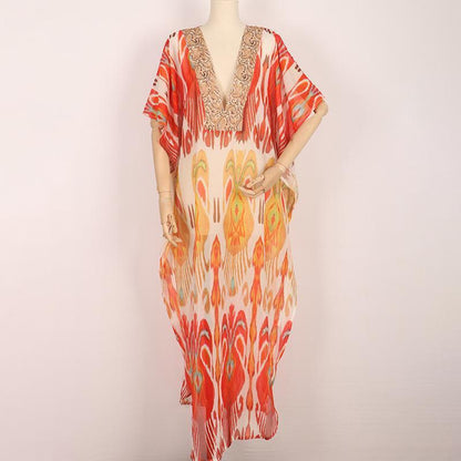 Retro Printed Bat Sleeve V-Neck Holiday Bohemian Loose Dress