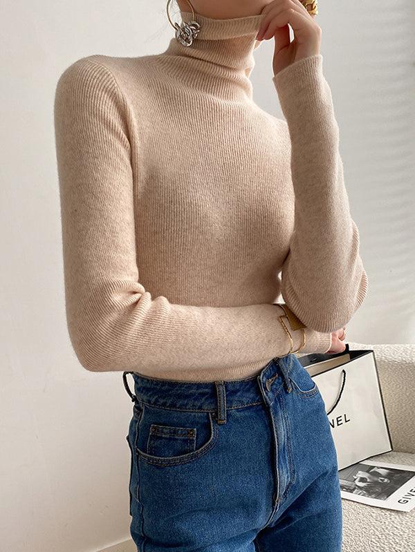 Simple Skinny Solid Color High-Neck Sweater Tops Pullovers