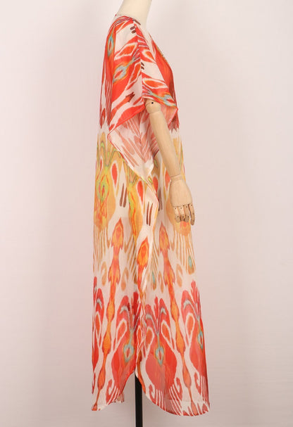 Retro Printed Bat Sleeve V-Neck Holiday Bohemian Loose Dress