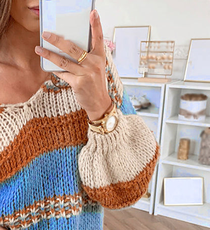 Autumn And Winter Casual Loose Solid Color Printed Sweater Sexy V-Neck Sweater