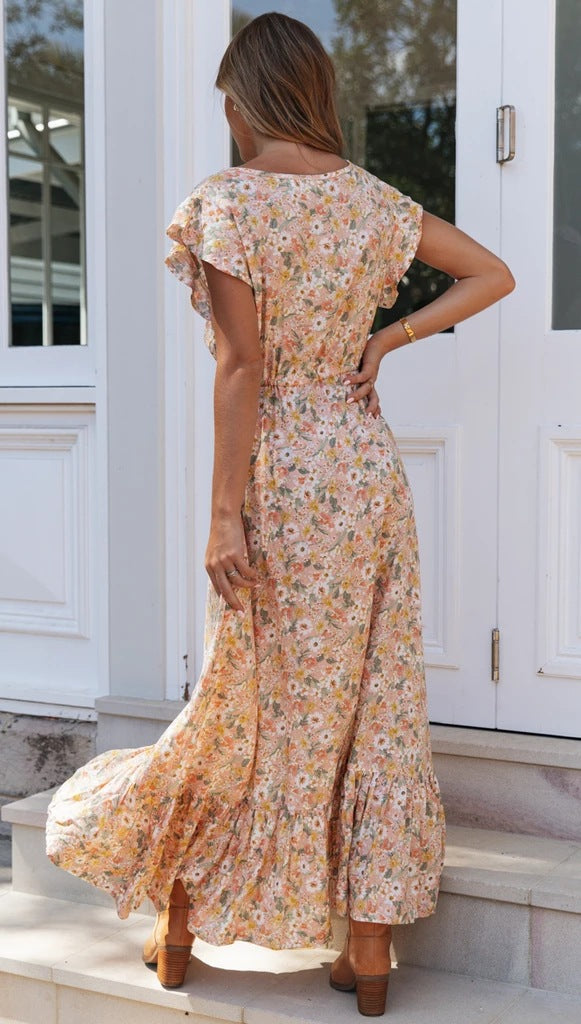 V Neck Print Dress Single Breasted Irregular Waist Lace-Up Dress