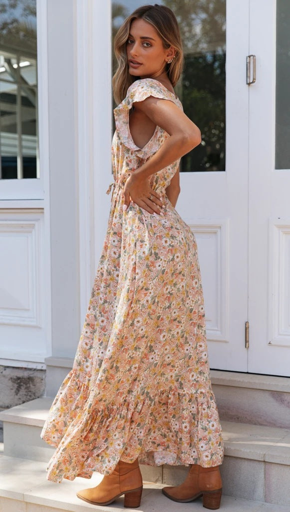 V Neck Print Dress Single Breasted Irregular Waist Lace-Up Dress