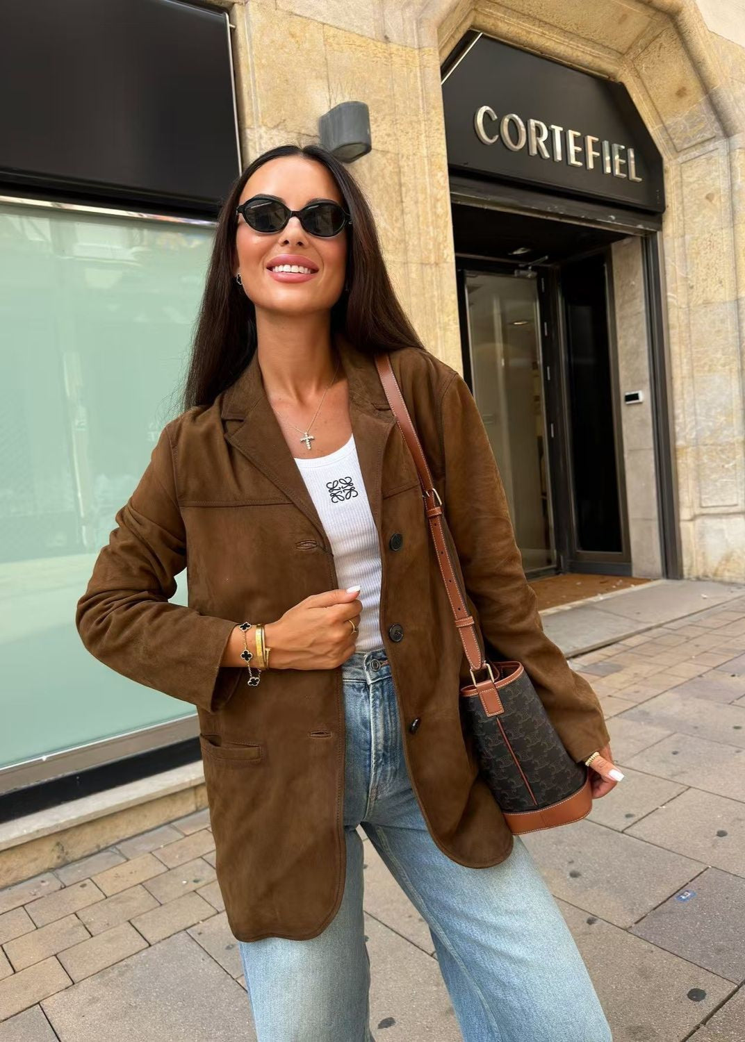 Suede Button Front Blazer with Patch Pockets