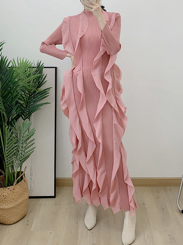 Solid Color Bodycon Pleated Ruffled Long Sleeves Maxi Dresses