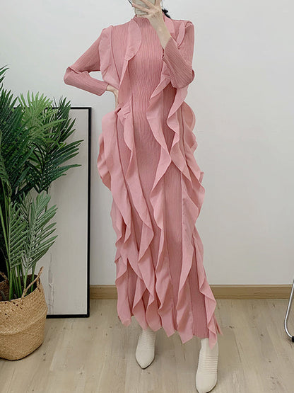 Solid Color Bodycon Pleated Ruffled Long Sleeves Maxi Dresses