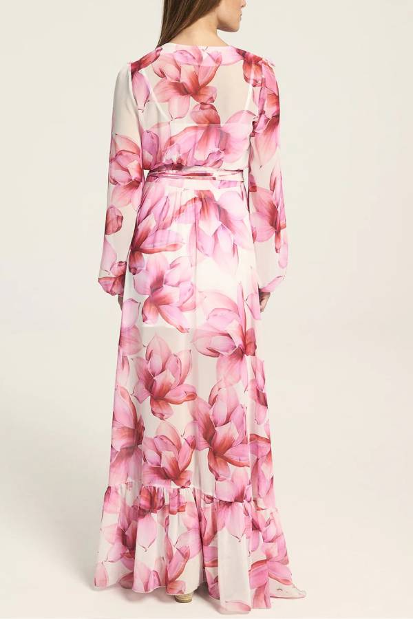 Island Girl Floral Print V-neck Long Sleeve Tie Slit Holiday Maxi Dress