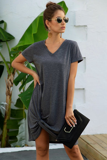 Summer'S New Short-Sleeved V-Neck Hem Knotted Open Fork Loose Casual Skirt