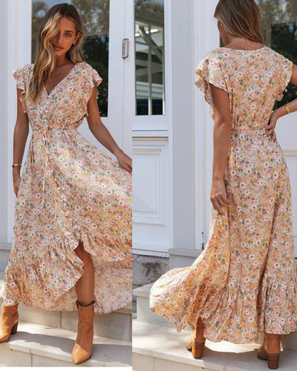 V Neck Print Dress Single Breasted Irregular Waist Lace-Up Dress