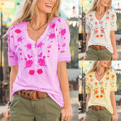 Summer New Style Women'S Short-Sleeved Fashion Embroidery Lace Casual T-Shirt