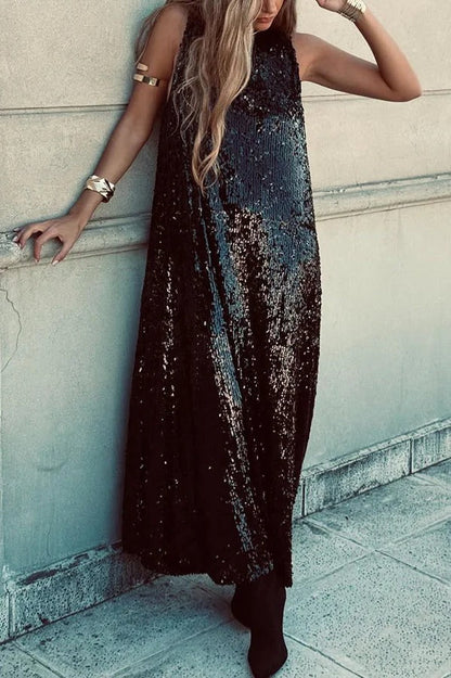 Twas The Night Sequin Round Neck Sleeveless Drape Loose Maxi Dress