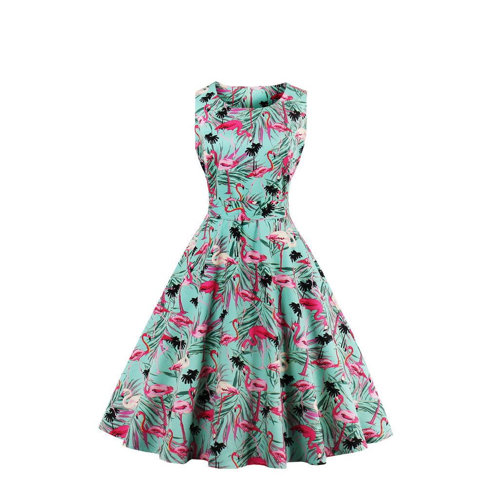 Vintage Floral Print Sleeveless Dress for Women