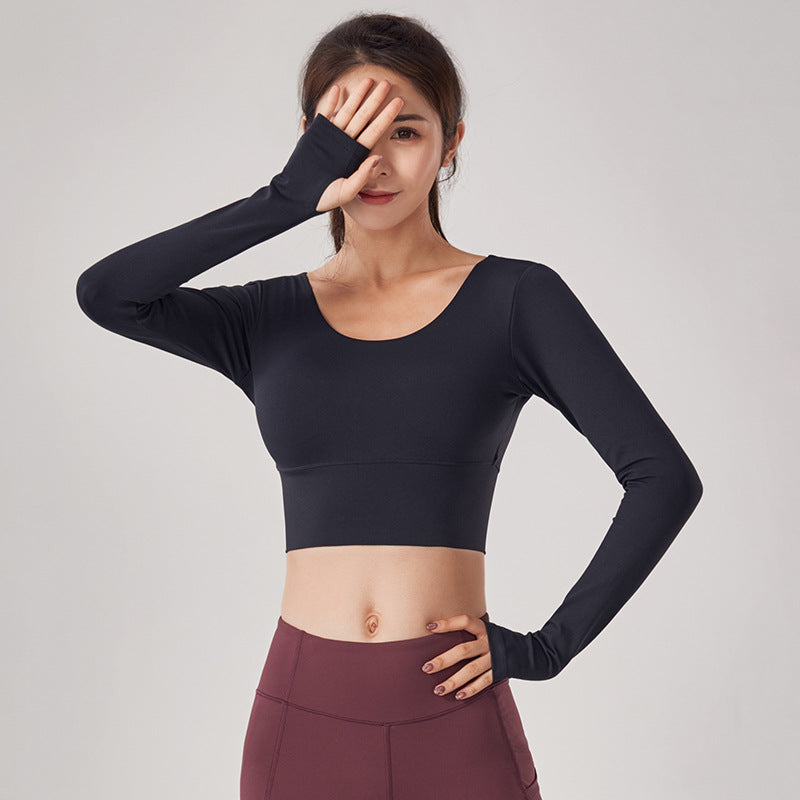 Autumn And Winter Slim Back Fitness Suit Women'S Tight Sports Top With Bra Nude Yoga Suit Long Sleeve
