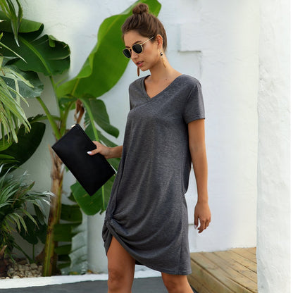 Summer'S New Short-Sleeved V-Neck Hem Knotted Open Fork Loose Casual Skirt