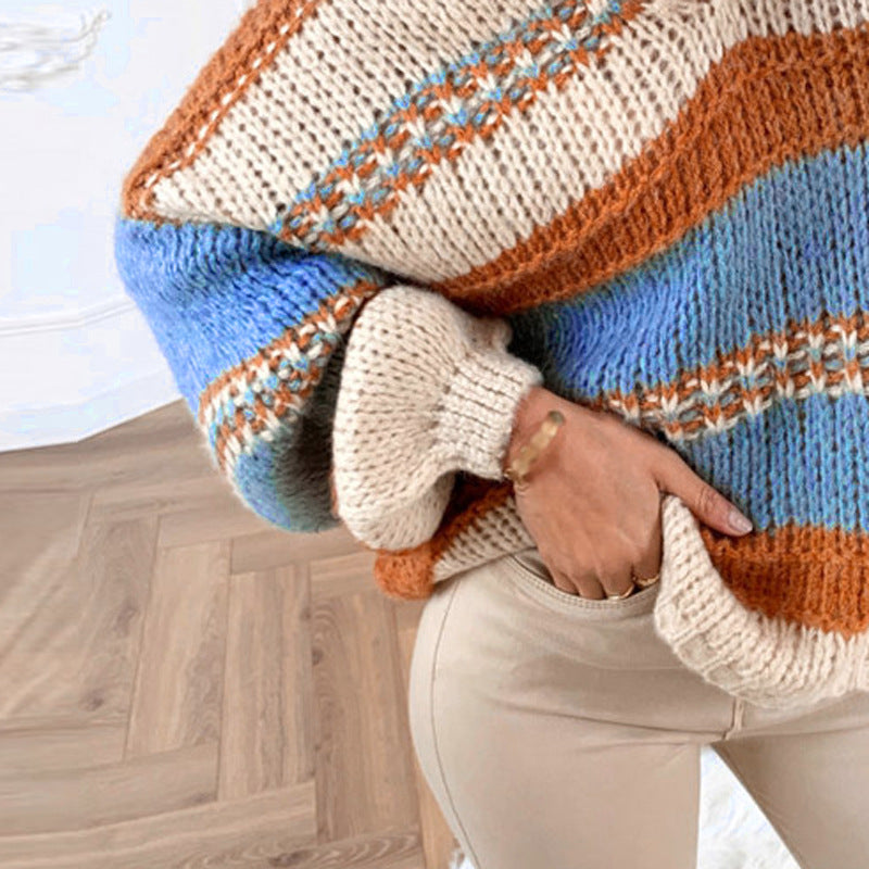 Autumn And Winter Casual Loose Solid Color Printed Sweater Sexy V-Neck Sweater