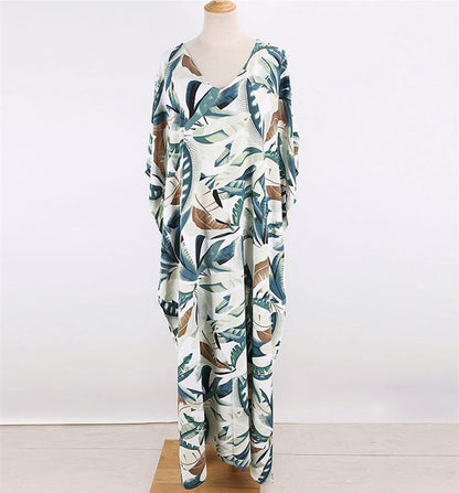 New White Background Leaf Print Beach Loose Seaside Cover Up