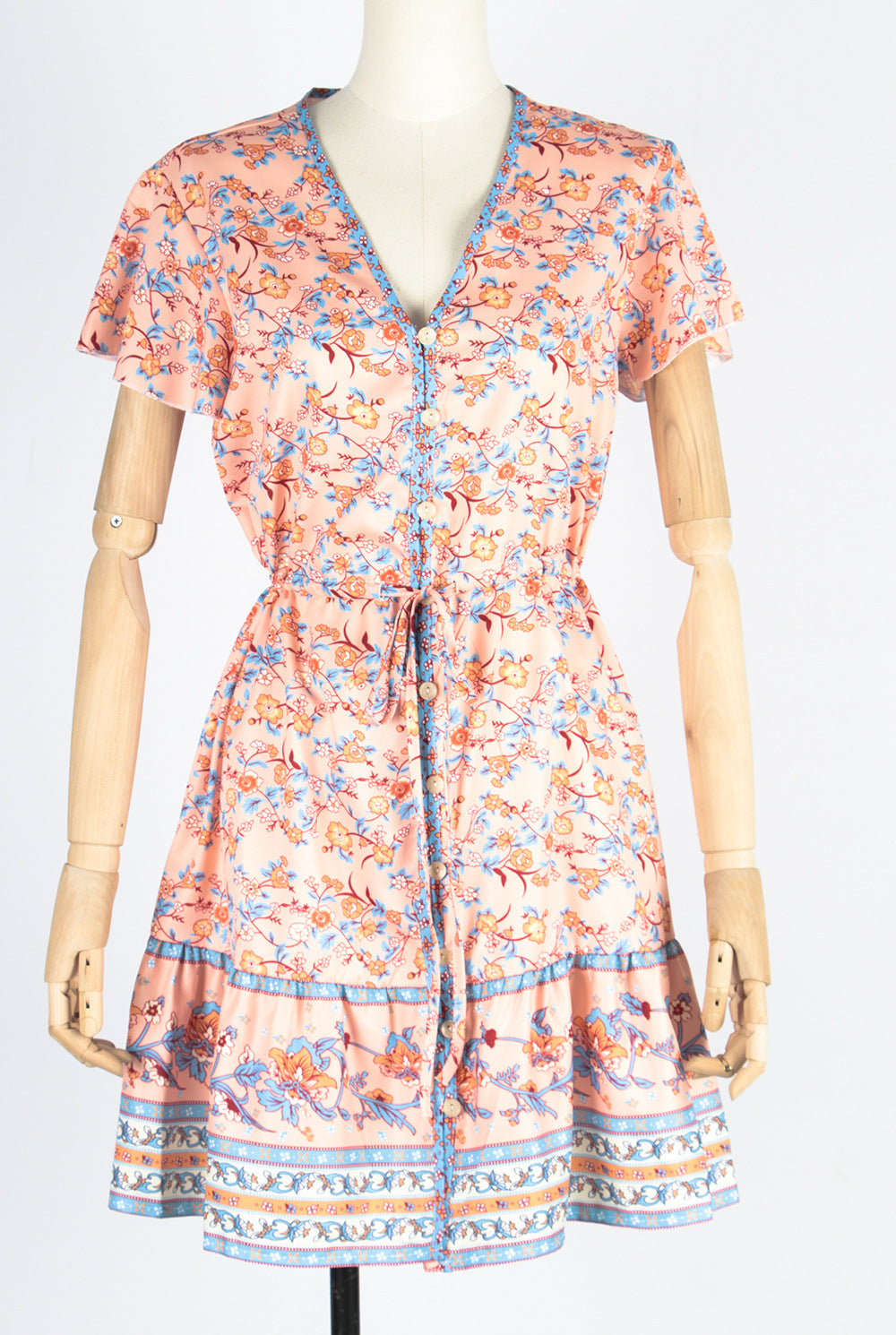 Spring And Summer New Beach Skirt V-Neck Short Sleeve Bohemian Dress