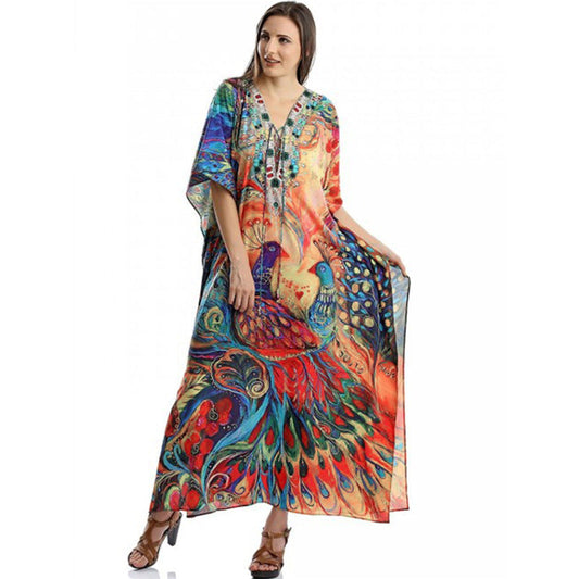 Peacock Orientation Print Beach Dress Holiday Long Dress Bikini Blouse