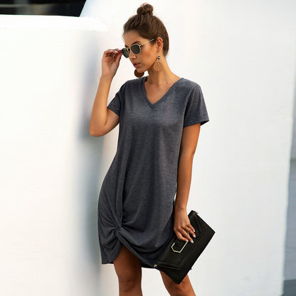Summer'S New Short-Sleeved V-Neck Hem Knotted Open Fork Loose Casual Skirt