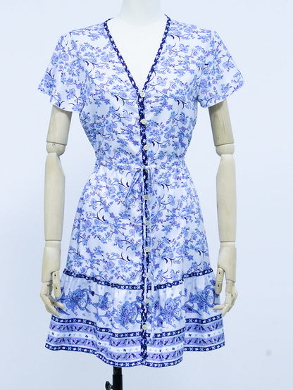 Spring And Summer New Beach Skirt V-Neck Short Sleeve Bohemian Dress