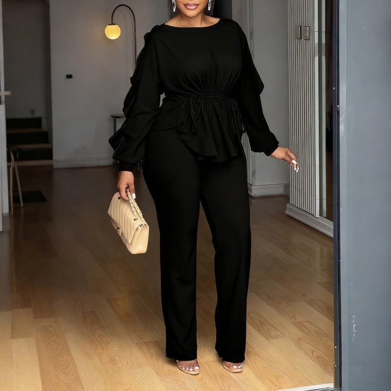 Lace Trim Long Sleeve Top Pants Set