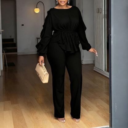 Lace Trim Long Sleeve Top Pants Set