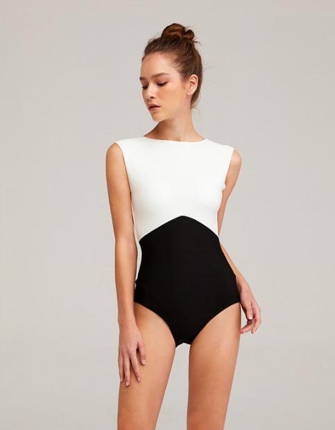 New Solid Color Black And White Stitching Bikini One-Piece Triangle Swimsuit