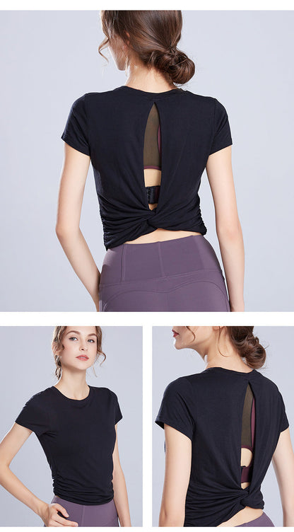 Solid Color Women'S Gym Pink Black White Yoga Crop Top Yoga Shirt Sexy Back Hollow Short Sleeve Sports T-Shirt Fitness Quick-Dry Yoga Clothes Top
