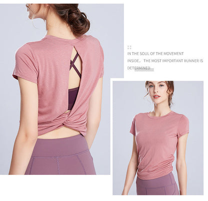 Solid Color Women'S Gym Pink Black White Yoga Crop Top Yoga Shirt Sexy Back Hollow Short Sleeve Sports T-Shirt Fitness Quick-Dry Yoga Clothes Top