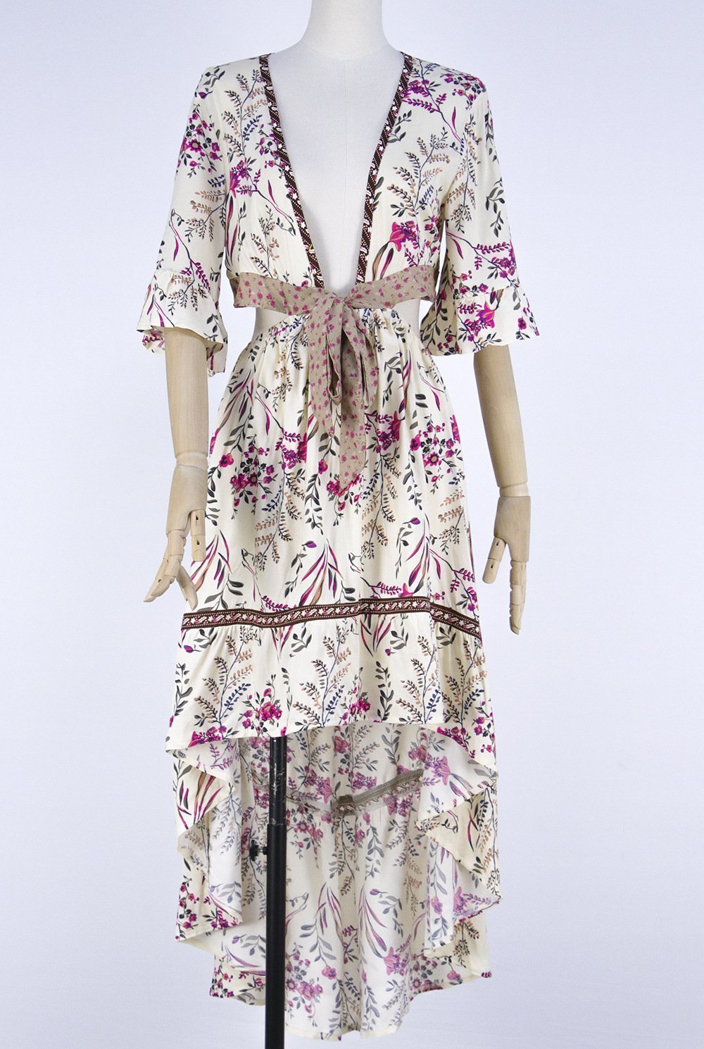 Bohemian Deep V Collar Tie With Back-To-Back Retro-Printed Large Irregular Dress