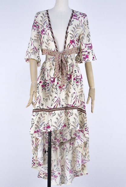 Bohemian Deep V Collar Tie With Back-To-Back Retro-Printed Large Irregular Dress