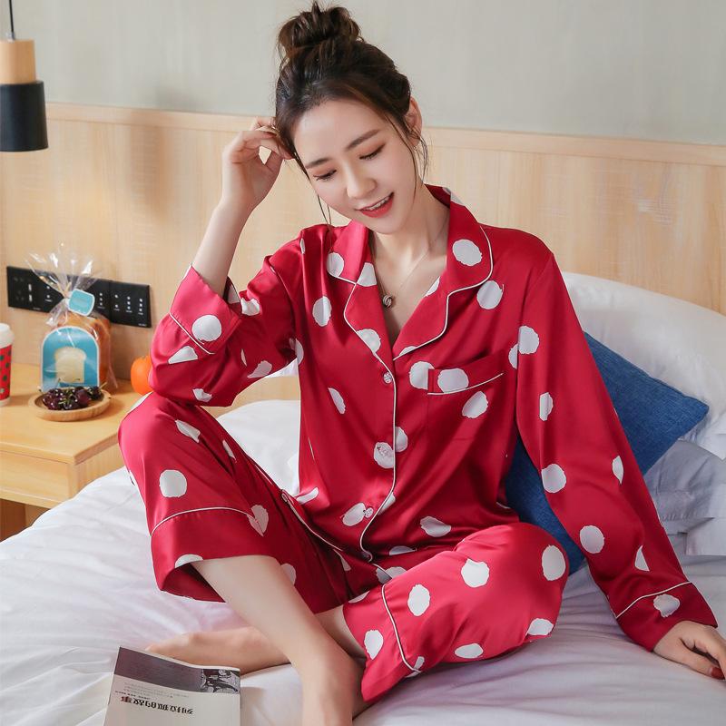 Spring And Summer Simple Women'S Long Sleeve Lapel Housewear Set Ice Silk Dot Printed Silk Pajamas