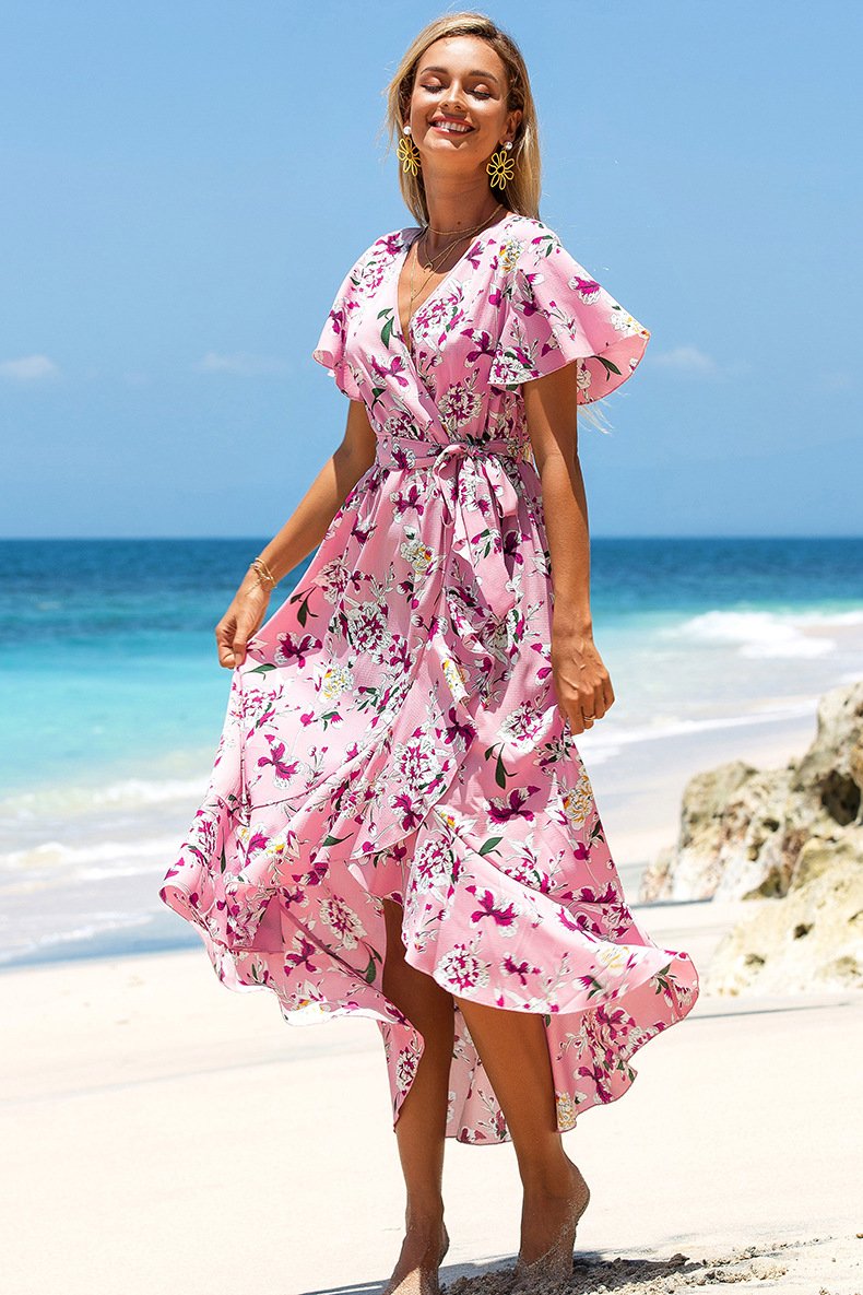 New Summer V-Neck Ruffle Lace Up Bohemian Dress
