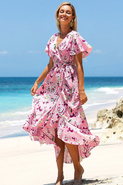 New Summer V-Neck Ruffle Lace Up Bohemian Dress