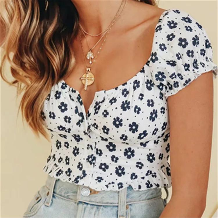 Printed Spring And Summer Women'S New Three-Dimensional Stitching Leak Umbilical Cord Shirt