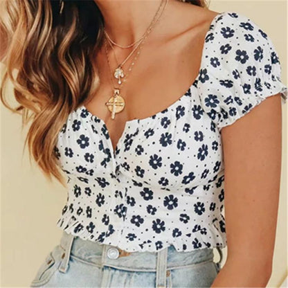 Printed Spring And Summer Women'S New Three-Dimensional Stitching Leak Umbilical Cord Shirt