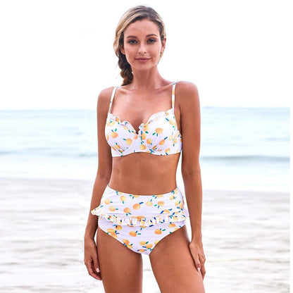 Women Beach Holiday Printing Bikini High Waist Split Swimsuit