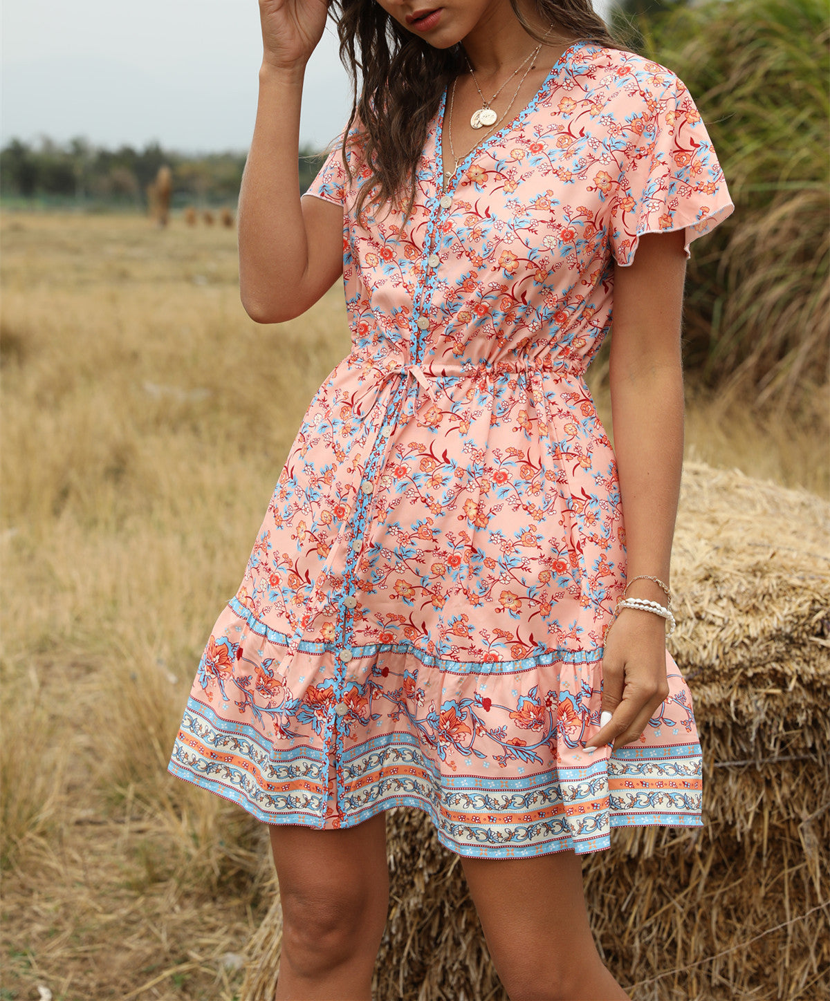 Spring And Summer New Beach Skirt V-Neck Short Sleeve Bohemian Dress