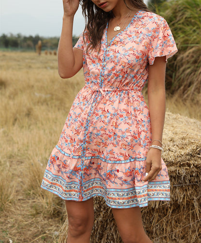 Spring And Summer New Beach Skirt V-Neck Short Sleeve Bohemian Dress