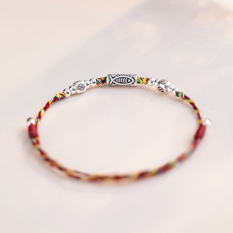 Original 925 Sterling Silver Koi Fish Bracelet Women'S Autumn Red Rope Weaving Vintage Small Gift Anklet