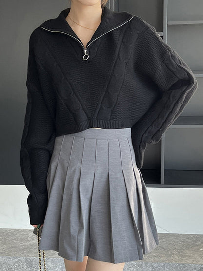 Simple Batwing Sleeves Long Sleeves Jacquard Solid Color Lapel Collar Sweater Tops