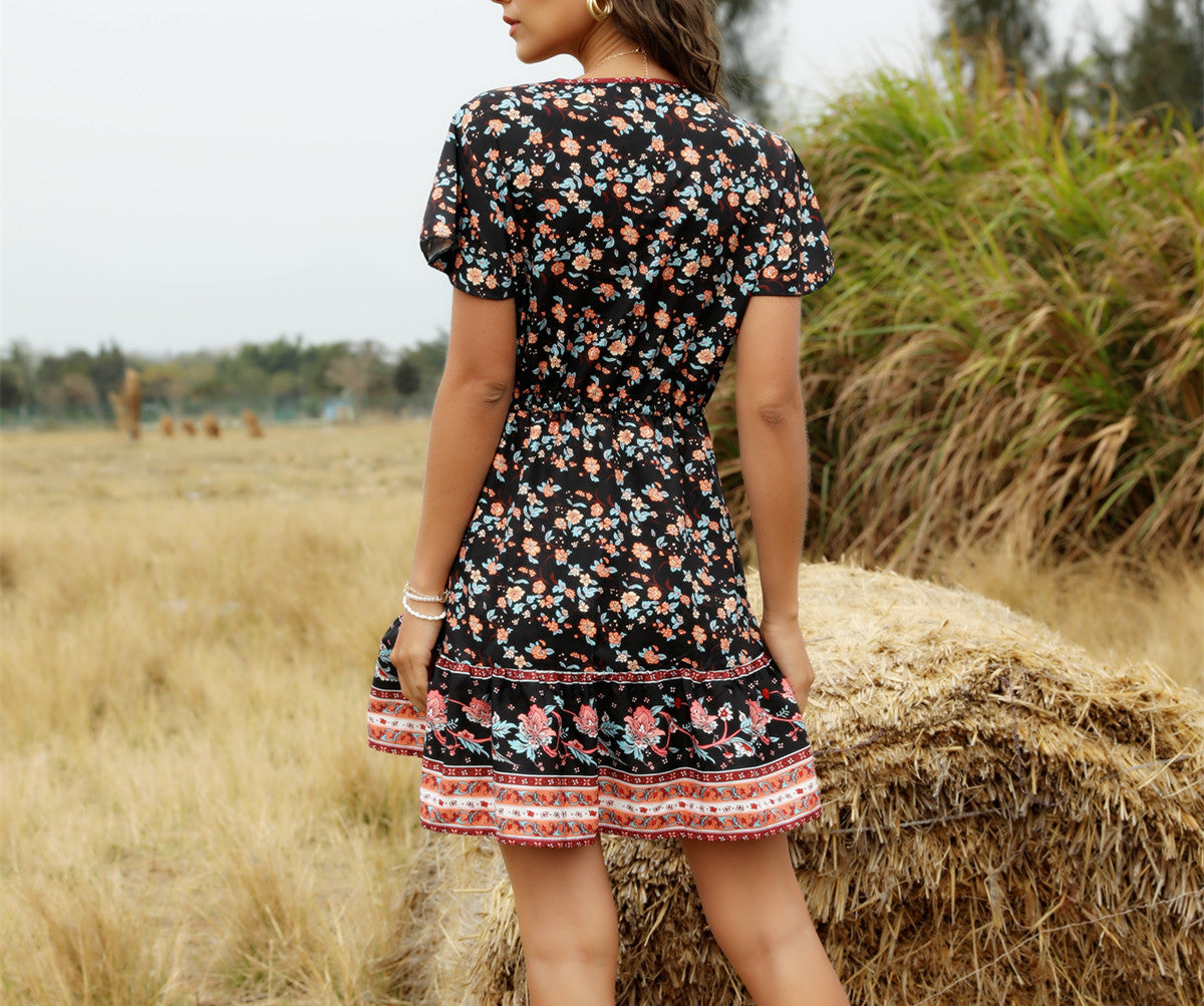 Spring And Summer New Beach Skirt V-Neck Short Sleeve Bohemian Dress