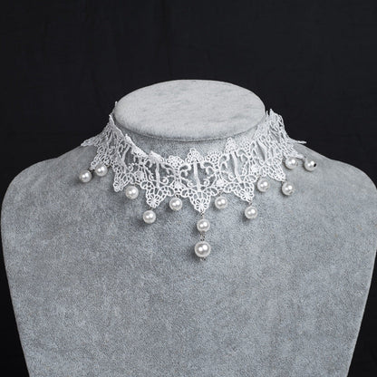 Bridal White Lace Choker with Rhinestones and Pearl Pendant