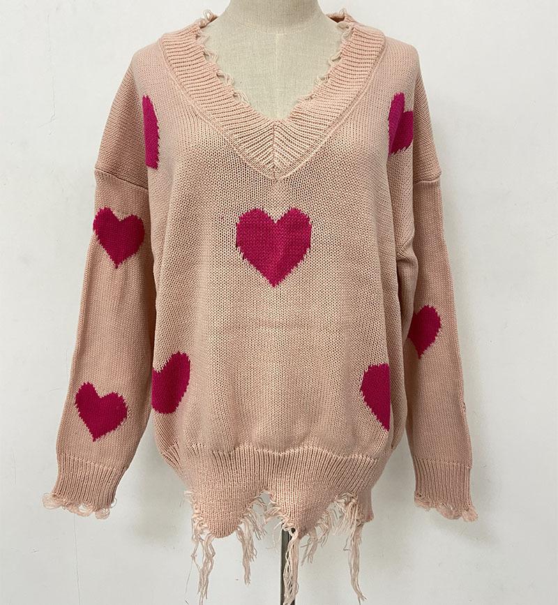 Christmas Sweater Love Splicing V Turtleneck Sweater Women'S Loose Pullove
